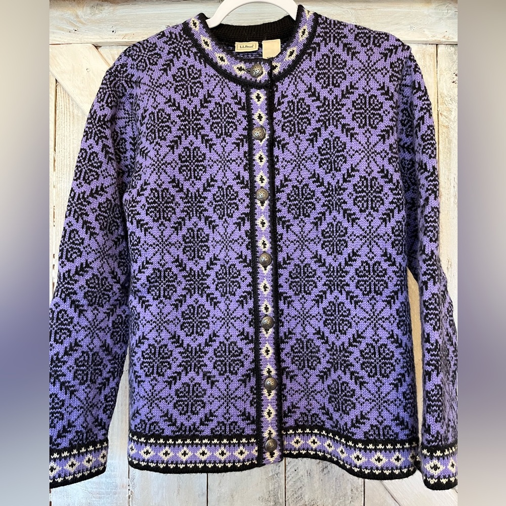Vintage LL Bean Women’s Fisherman Cardigan Purple Black Nordic Fair Isle Size M